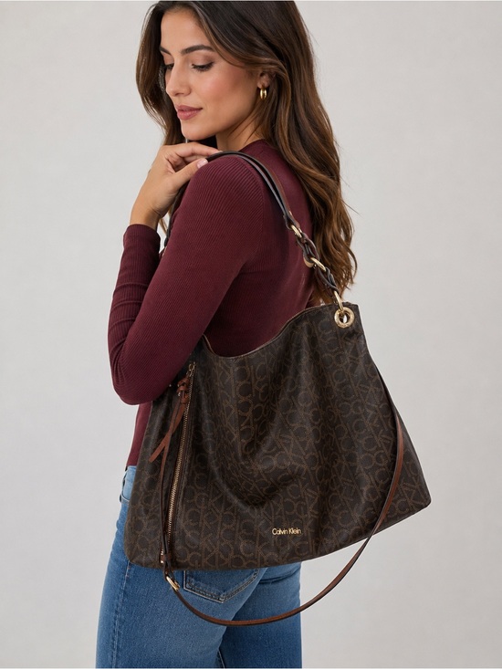 Calvin Klein Dark Brown Monogram Shoulder Bag with Leather Trim